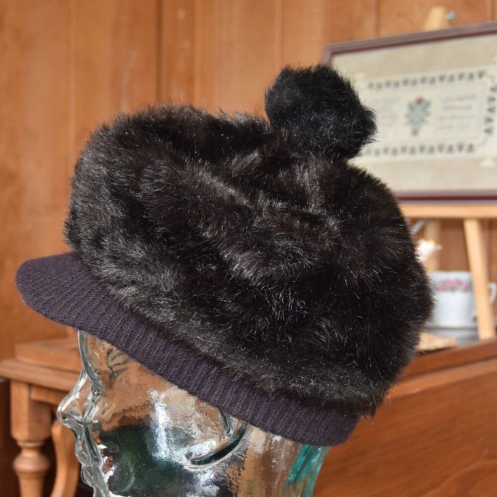 Vintage 70s Faux Fur Russian Cossack Winter Visor Hat Brown Black Small